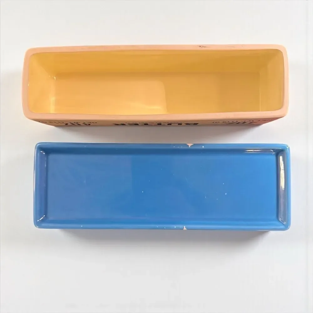 Ceramic Butter Dish with Yellow Butter Stick Design and Blue Base